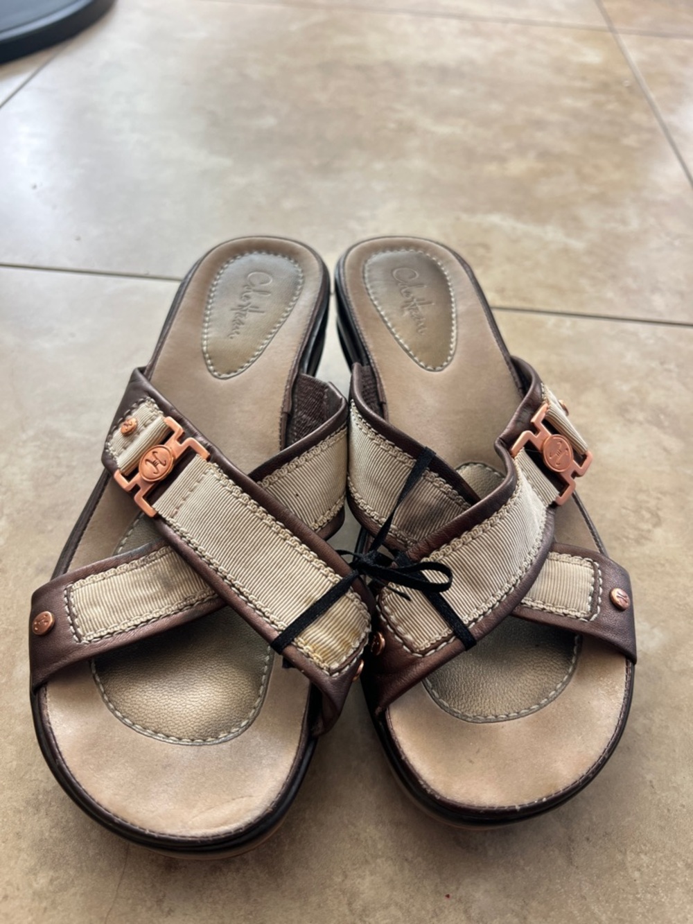 Cole Haan Beige and Brown Slide Mules with Rose Gold Accents